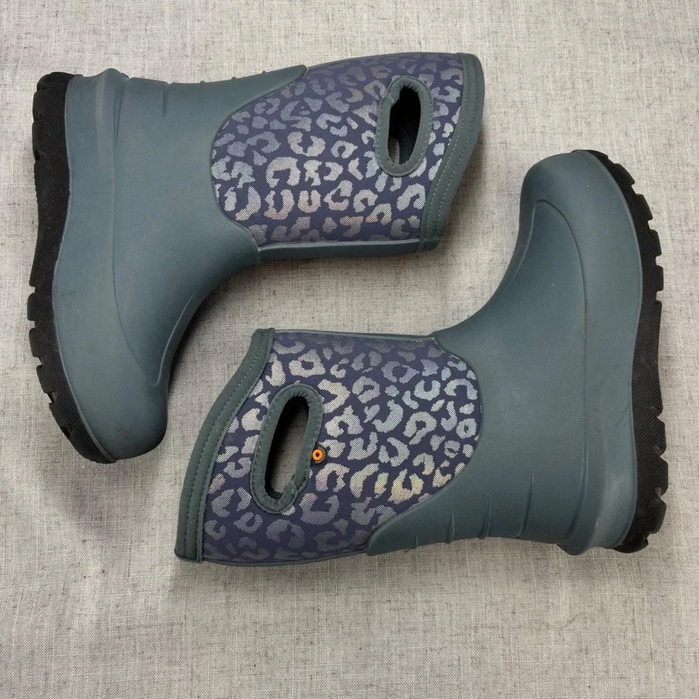 Bogs Neo Classic Gray Silver Metallic Leopard Waterproof Insulated Rain Boots